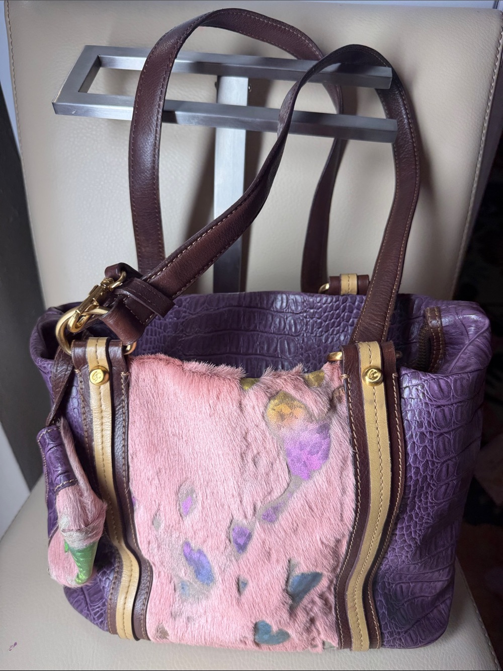 Pierre Cardin Paris Purple Leather Tote with Pink Haircalf Front Panel